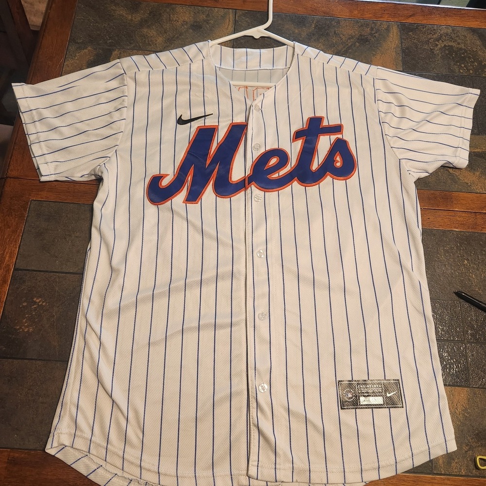 Nike Pete Alonso New York Mets Jersey Mens Small White Blue Pin Stripe Button Up